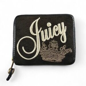 Juicy Couture Black Wallet Zip Around Y2K Vintage Crown Logo Coin Purse Compact